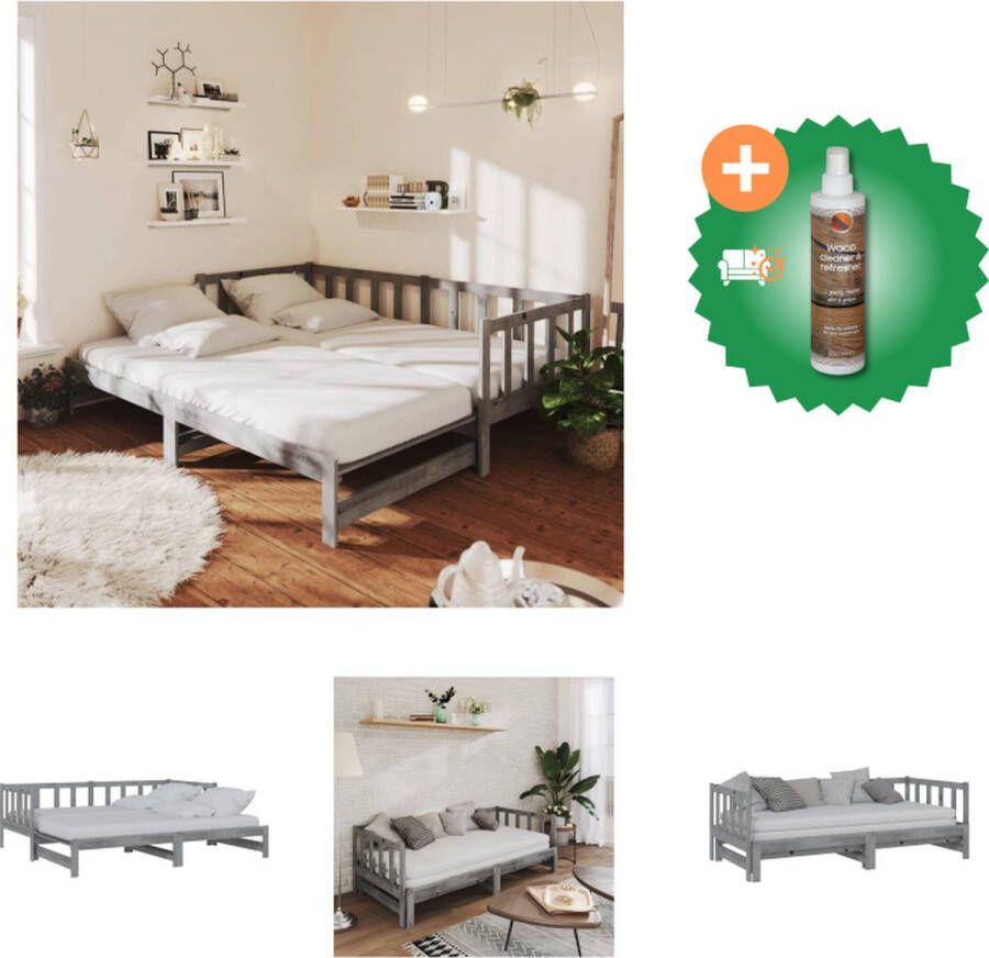 VidaXL Bedbank Grenenhout Uitschuifbaar Grijs 203.5 x 183 x 66 cm Logeerbed en bank Matras 90 x 200 cm Montage vereist Bed Inclusief Houtreiniger en verfrisser