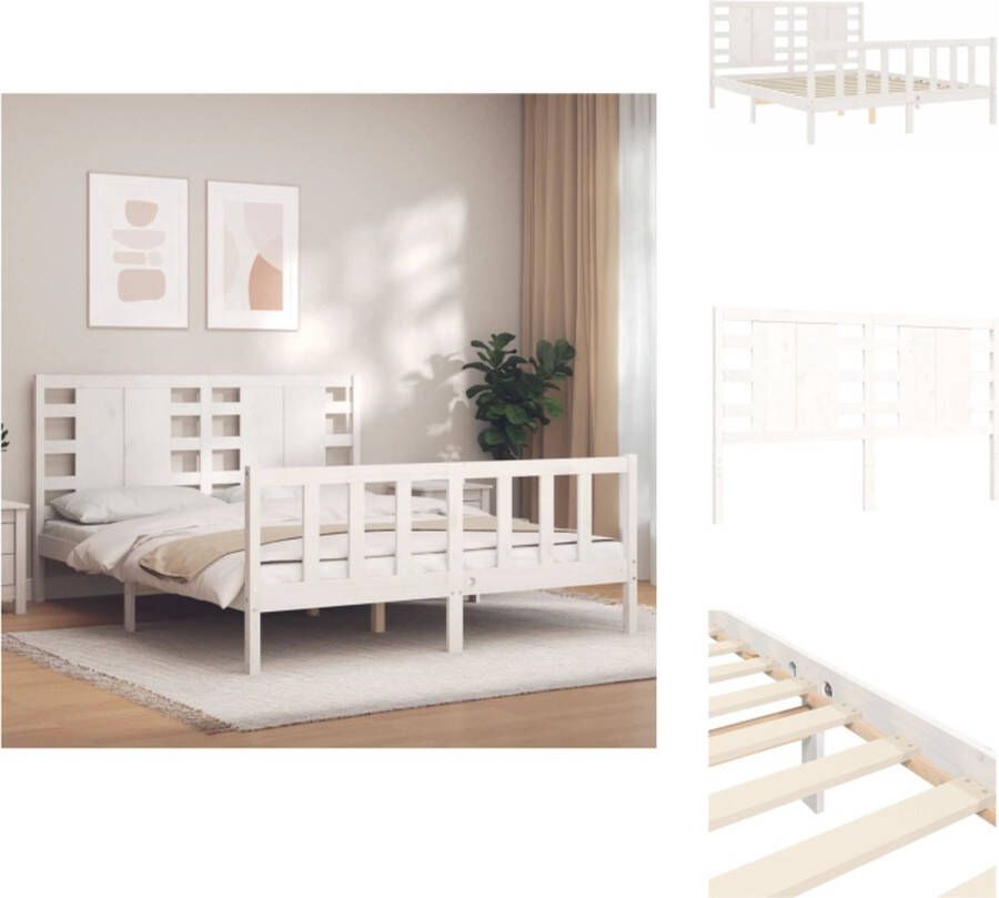 VidaXL Bedframe Massief Grenenhout Wit 205.5 x 155.5 x 100 cm Multiplex Lattenbodem Functioneel Hoofd- en Voeteneinde Bed