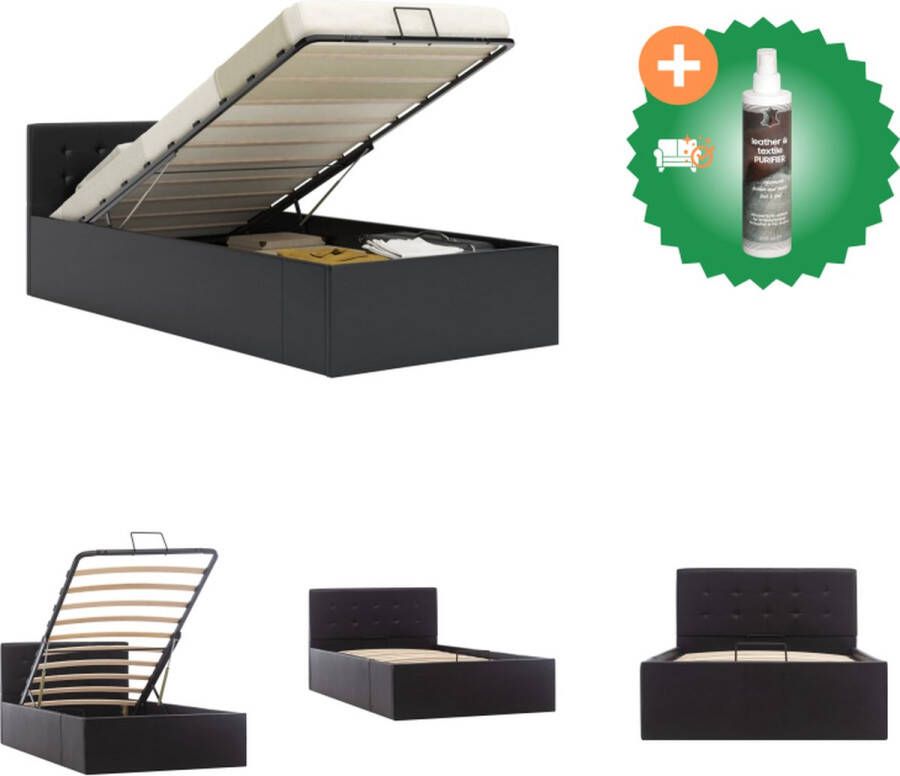 VidaXL Bedframe City eenpersoonsbed hydraulisch kunstleer opbergruimte zwart 211x108x73cm 100x200cm Bed Inclusief Reiniger