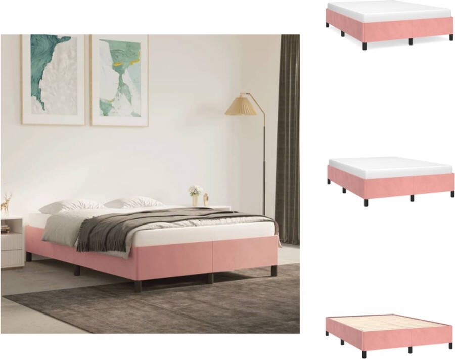 VidaXL Bedframe Fluweel Ondersteunende poten Multiplex lattenbodem Roze 193 x 143 x 35 cm Geschikt voor matras 140 x 190 cm Bed - Foto 2