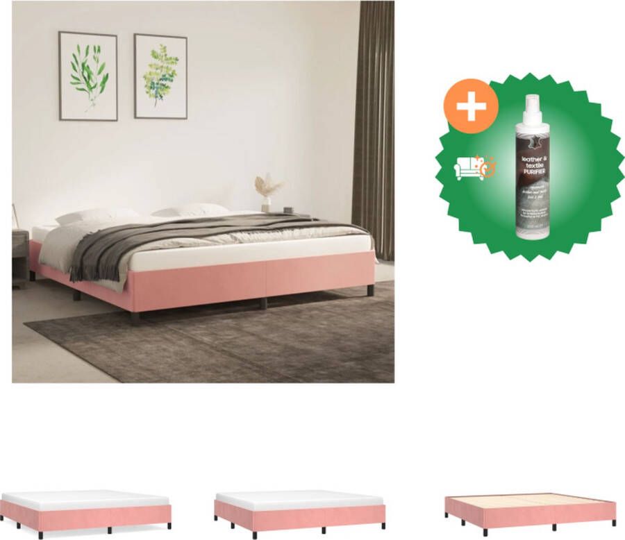 VidaXL Bedframe  Fluweel  Ondersteunende poten  Multiplex lattenbodem  Roze  203 x 203 x 35 cm  Geschikt voor 200 x 200 cm matras  Bed Inclusief Reiniger