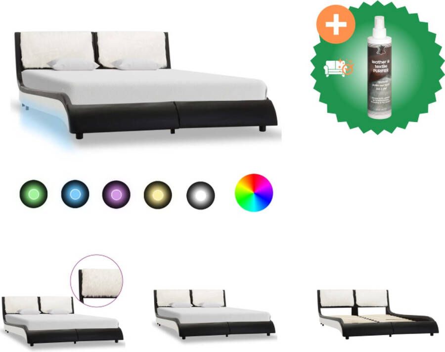 VidaXL Bedframe Gepoedercoat IJzer MDF Multiplex 229 x 150 x 68 cm Zwart en Wit Geschikt voor 140 x 200 cm Matras LED-strip Inclusief Afstandsbediening Bed Inclusief Reiniger