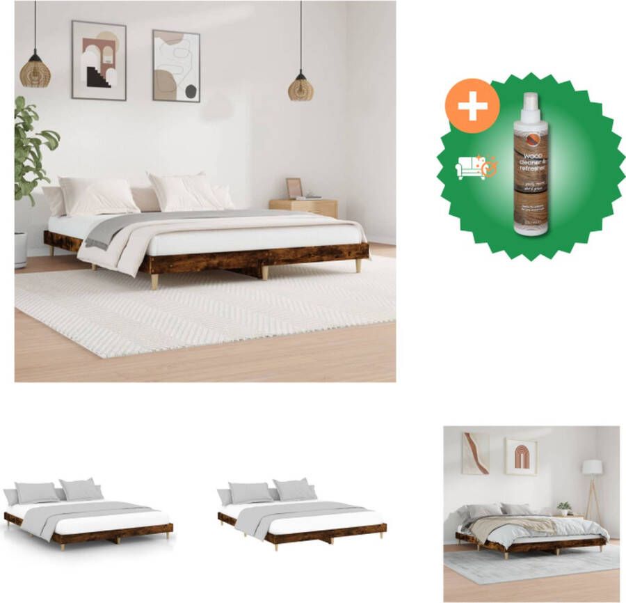 VidaXL Bedframe Gerookt Eiken Multiplex Lattenbodem 203 x 143 x 20 cm Duurzaam Hout en Stabiele Metalen Poten Bed Inclusief Houtreiniger en verfrisser - Foto 2