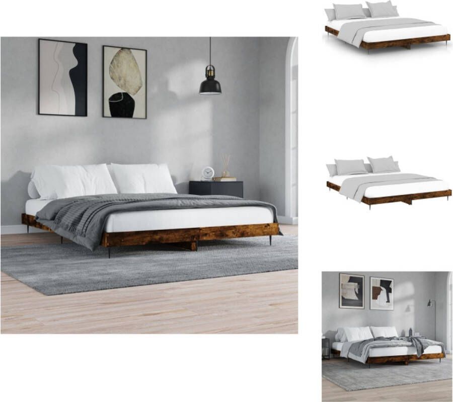 VidaXL Bedframe Gerookt Eiken Hoge Kwaliteit Hout Metalen Poten Multiplex Lattenbodem 203 x 203 x 20 cm Bed - Foto 5