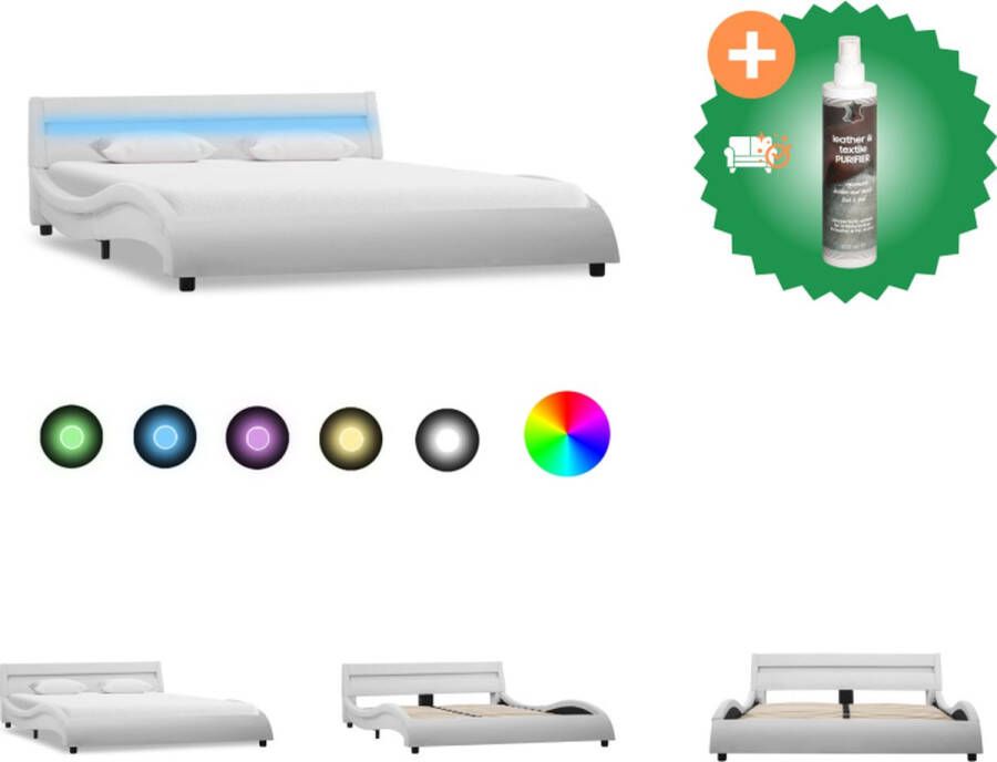 VidaXL Bedframe Golfontwerp Kunstleren wit bedframe 225x130x57 cm LED-strip Bed Inclusief Reiniger
