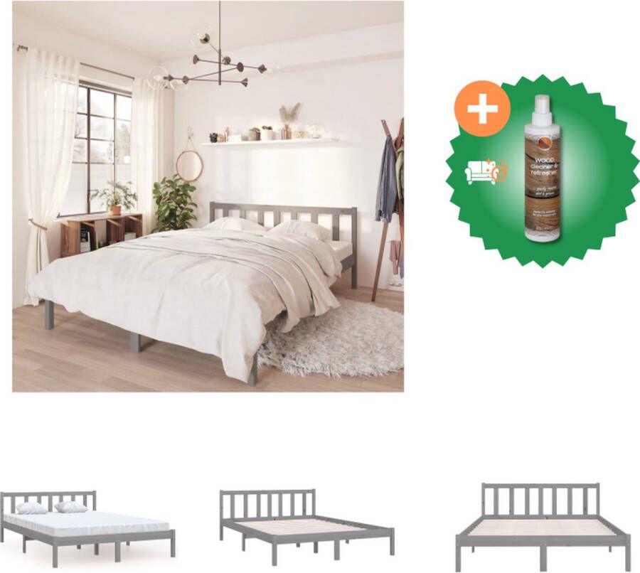 VidaXL Bedframe Grenenhout King Size (150x200cm) Grijs massief houten bedframe met stabiel ontwerp en comfortabel hoofdbord Bed Inclusief Houtreiniger en verfrisser - Foto 3