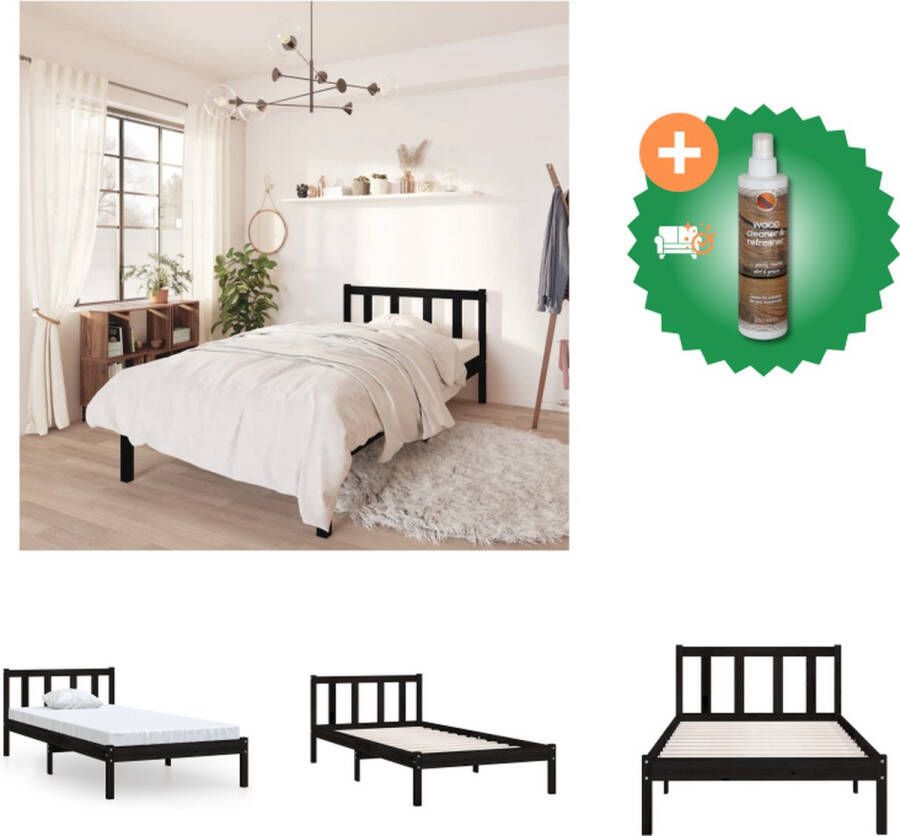 VidaXL Bedframe Grenenhout eenpersoons 193.5 x 94 x 9 cm multiplex lattenbodem zwart geschikt voor 90x190cm matras (3FT Single) Bed Inclusief Houtreiniger en verfrisser