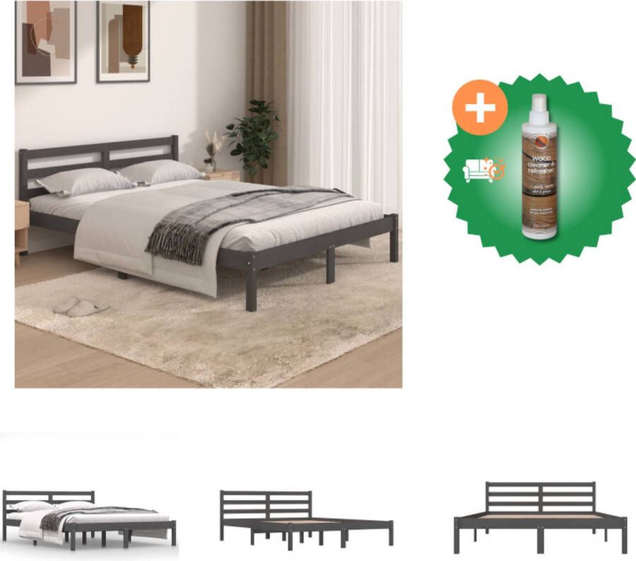 VidaXL Bedframe Grenenhout Grijs 195.5 x 145.5 x 69.5 cm Stevig lattenbodem Comfortabel hoofdeinde Montage vereist Bed Inclusief Houtreiniger en verfrisser