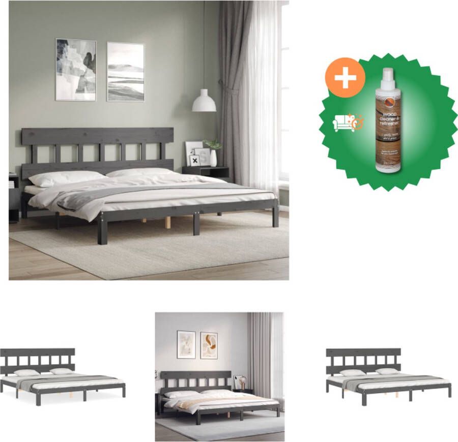 VidaXL Bedframe Grenenhout Grijs 203.5 x 183.5 x 81 cm 180 x 200 cm (6FT Super King) Multiplex lattenbodem Bed Inclusief Houtreiniger en verfrisser
