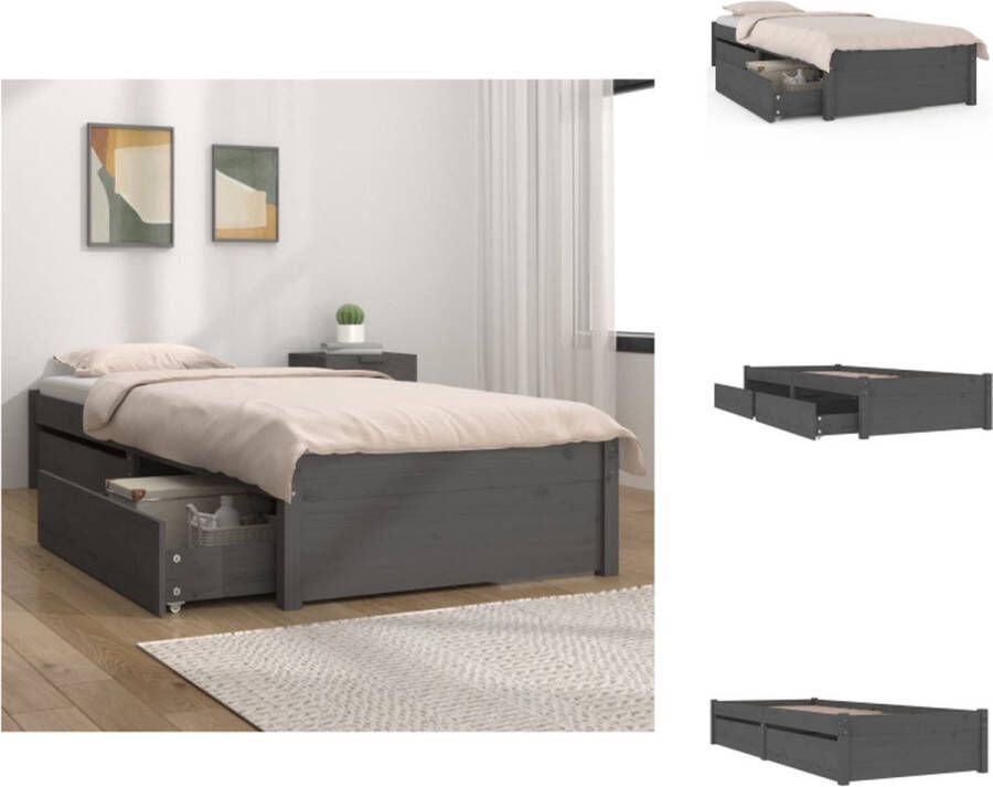 VidaXL Bedframe Grenenhout Grijs 205.5 x 95.5 x 31 cm Stevige lattenbodem Opbergfunctie Matras- 90 x 200 cm Bed