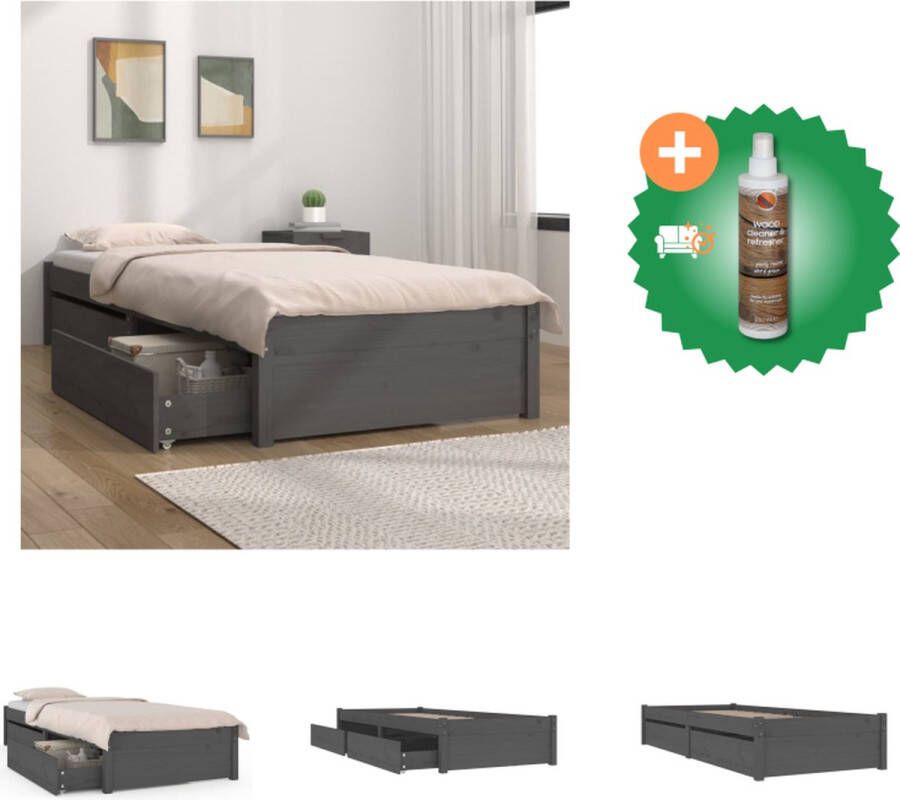 VidaXL Bedframe Grenenhout Grijs 205.5 x 95.5 x 31 cm Stevige lattenbodem Opbergfunctie Matras- 90 x 200 cm Bed Inclusief Houtreiniger en verfrisser