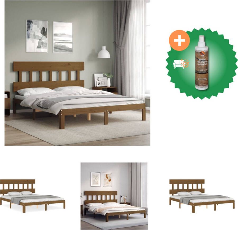 VidaXL Massief Grenenhouten Bedframe Honingbruin 203.5 x 163.5 x 81 cm Multiplex Lattenbodem Matras niet inbegrepen Montage vereist Bed Inclusief Houtreiniger en verfrisser - Foto 2