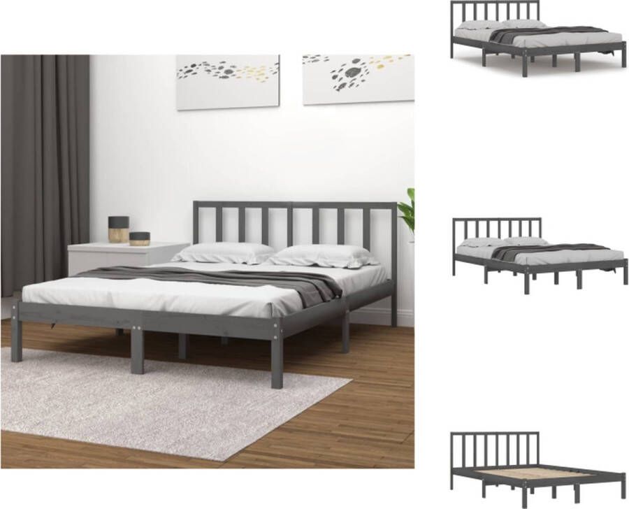 VidaXL Bedframe Grenenhout King Size (150x200cm) Grijs massief houten bedframe met stabiel ontwerp en comfortabel hoofdbord Bed