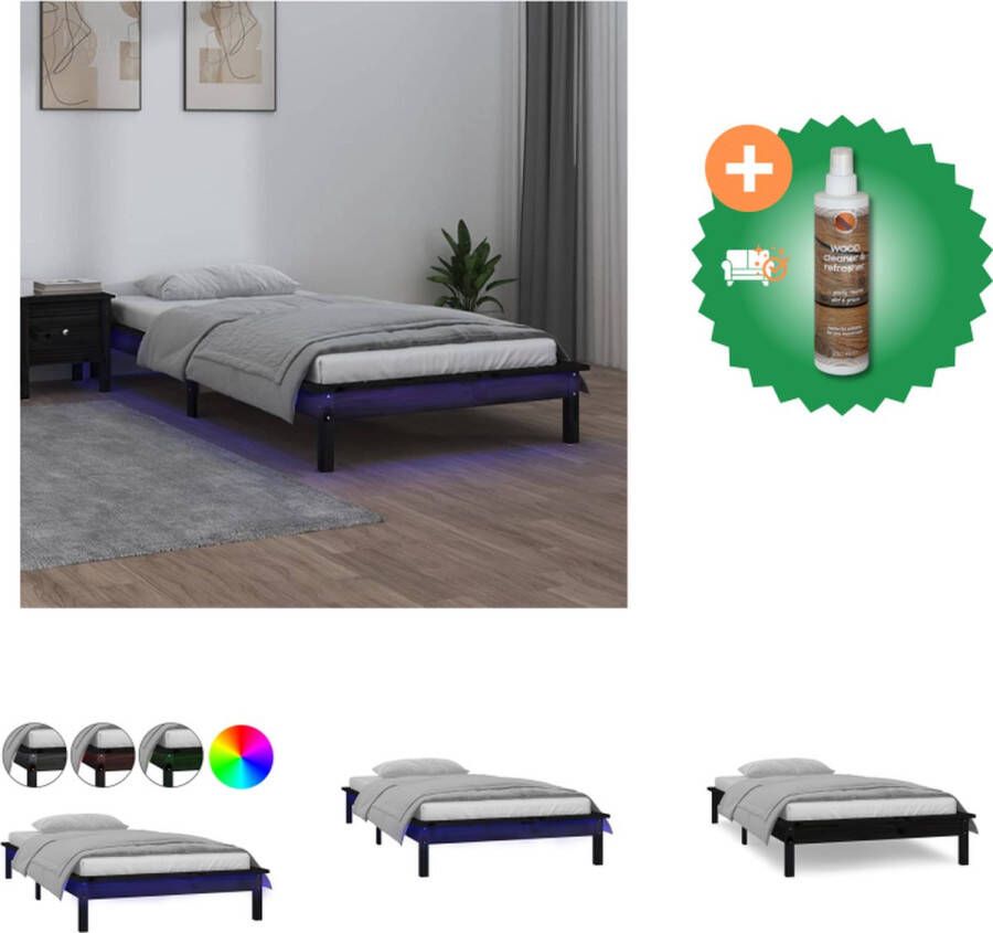 VidaXL Bedframe Grenenhout LED-verlichting 100 x 200 cm Zwart Bed Inclusief Houtreiniger en verfrisser