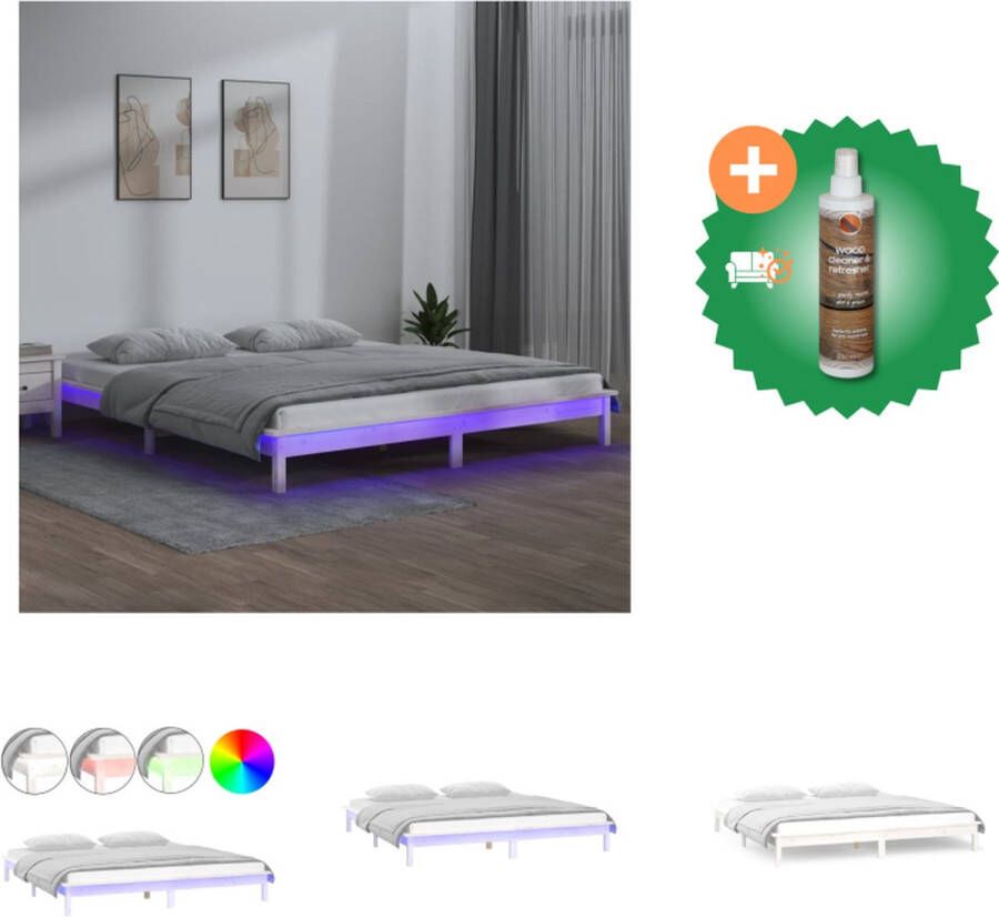 VidaXL Bedframe Grenenhout LED-verlichting 160 x 200 cm Wit Bed Inclusief Houtreiniger en verfrisser
