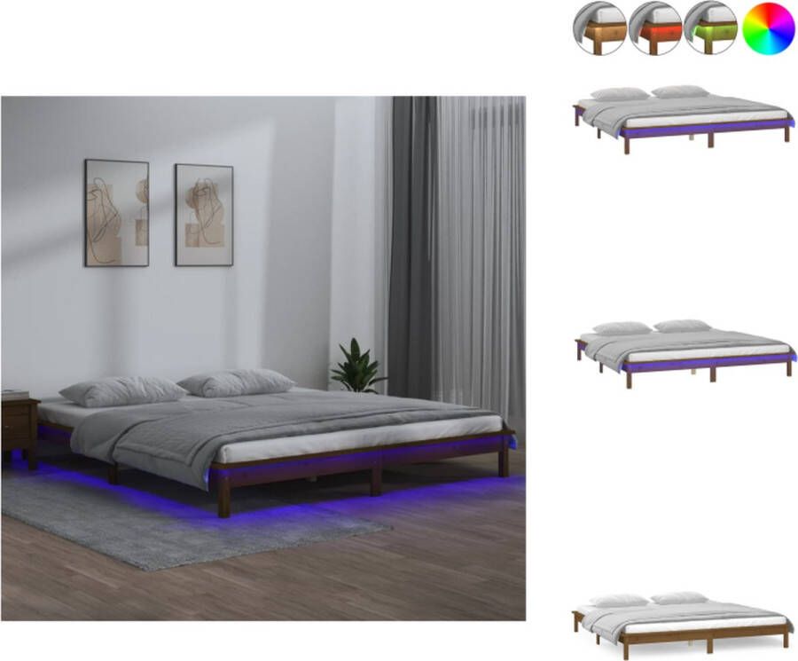 VidaXL Bedframe Grenenhout LED-verlichting 202 x 151.5 x 26 cm RGB LED Honingbruin Geschikt voor 140 x 190 cm matras Bed