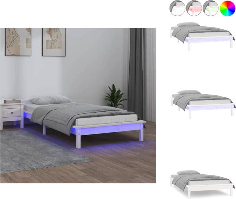 VidaXL Bedframe Grenenhout LED Verlichting RGB Wit 202 x 86.5 x 26 cm Geschikt voor 75 x 190 cm matras (2FT6 Small Single) Montagehandleiding inbegrepen Bed