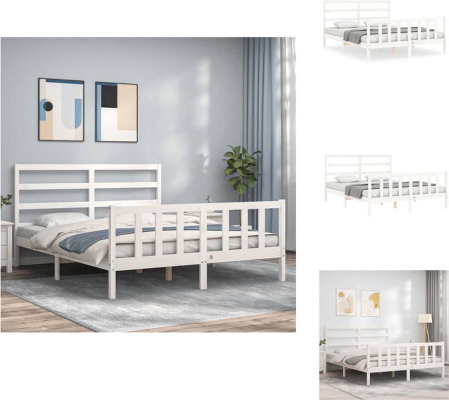 VidaXL Bedframe Grenenhout Wit 205.5 x 165.5 x 100 cm Multiplex Lattenbodem Functioneel hoofd- en voeteneinde Matras niet inbegrepen Bed