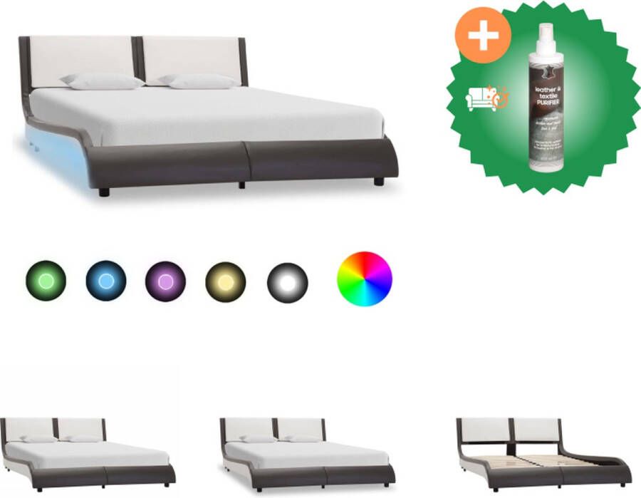 VidaXL Bedframe grijs en wit gepoedercoat ijzeren frame MDF multiplex en gepoedercoate stalen poten 229 x 130 x 68 cm geschikt voor matras 120 x 200 cm LED-strip en afstandsbediening USB-aansluiting Bed Inclusief Reiniger