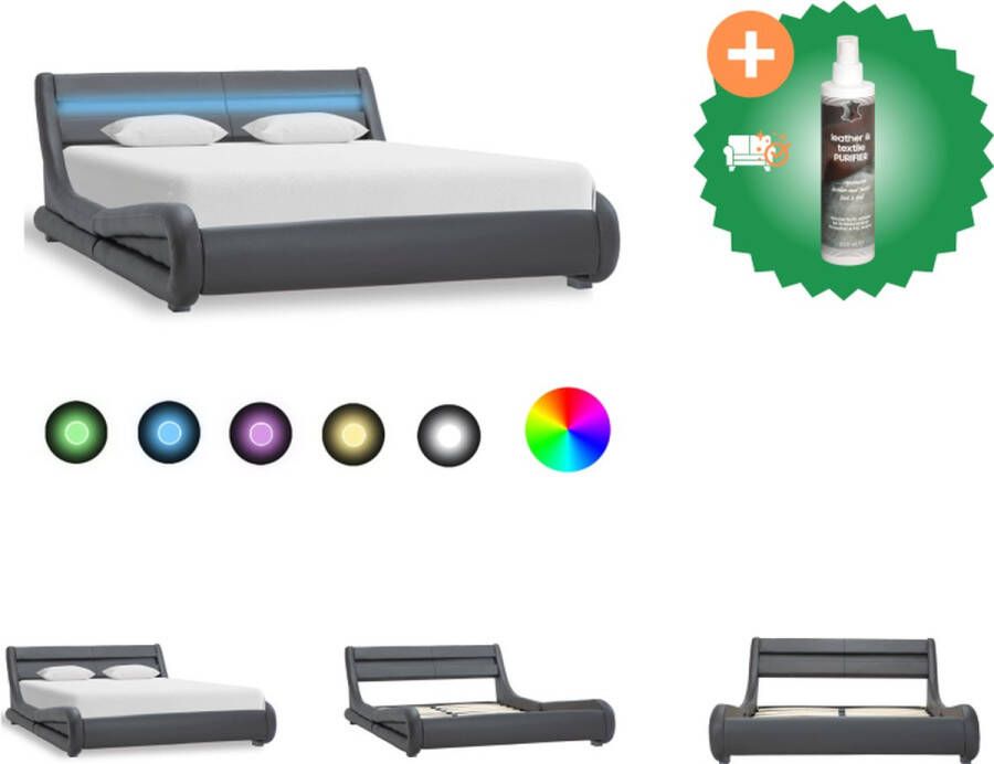 VidaXL Bedframe Grijs Kunstleren bekleding Gepoedercoat stalen frame en houten lattenbodem 217x175x60 cm 160x200 cm matras Bed Inclusief Reiniger