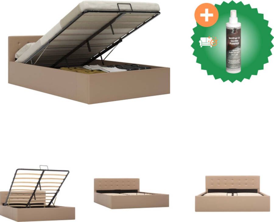 VidaXL Bedframe Hydraulisch Kunstleren bekleding Met opbergvak 211x148x73 cm Cappuccino Geschikt voor matras 140x200 cm MDF en staal Bed Inclusief Reiniger
