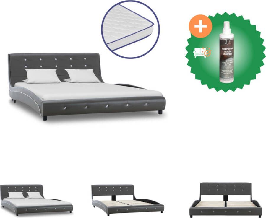 VidaXL Bedframe Klassiek Grijs Ijzer en Hout 223 x 145 x 69.5 cm Inclusief Traagschuim Matras 200 x 140 x 17 cm Bed Inclusief Reiniger