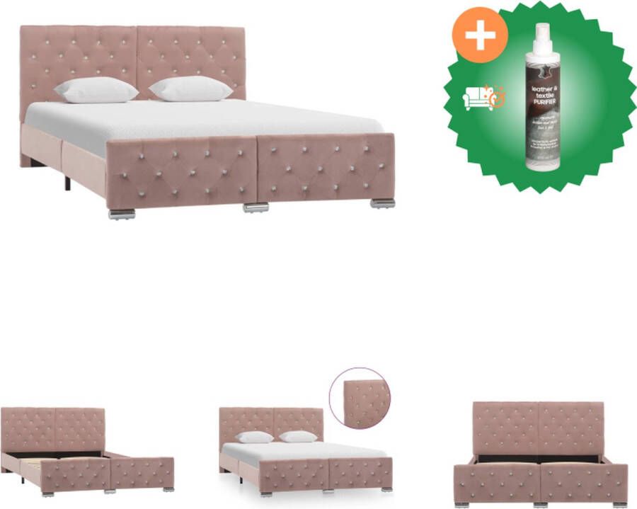 VidaXL Bedframe Klassiek Materiaal- Fluweel Multiplex Staal Afmetingen- 211 x 146 x 87 cm Geschikt voor matras- 140 x 200 cm Kleur- Roze Bed Inclusief Reiniger
