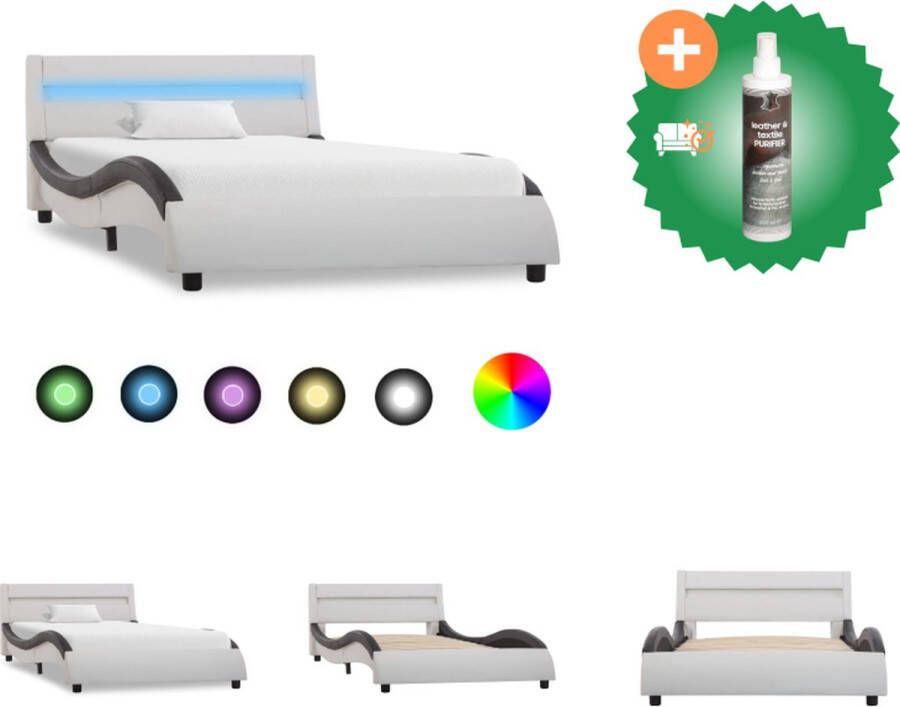 VidaXL Bedframe Kunstleren bekleding Wit met zwarte lijnen 225 x 100 x 57 cm Geschikt voor matras van 90 x 200 cm Met LED-strip Bed Inclusief Reiniger