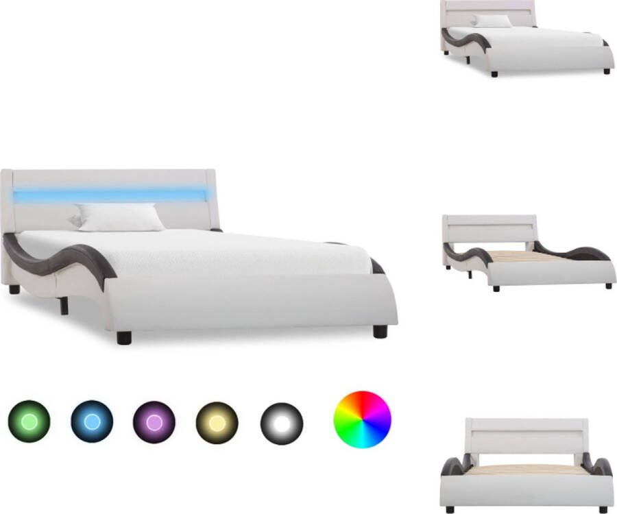 vidaXL Bedframe Kunstleren bekleding Wit met zwarte lijnen 225 x 100 x 57 cm Geschikt voor matras van 90 x 200 cm Met LED-strip Bed