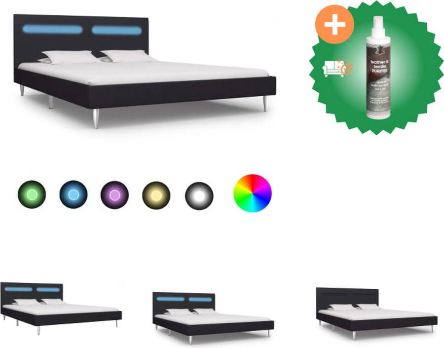 VidaXL Bedframe LED 180x200 cm Zwart IJzer MDF Stof Verstelbare LED-strip 208x185x81 cm Geschikt voor matras van 180x200 cm Bed Inclusief Reiniger