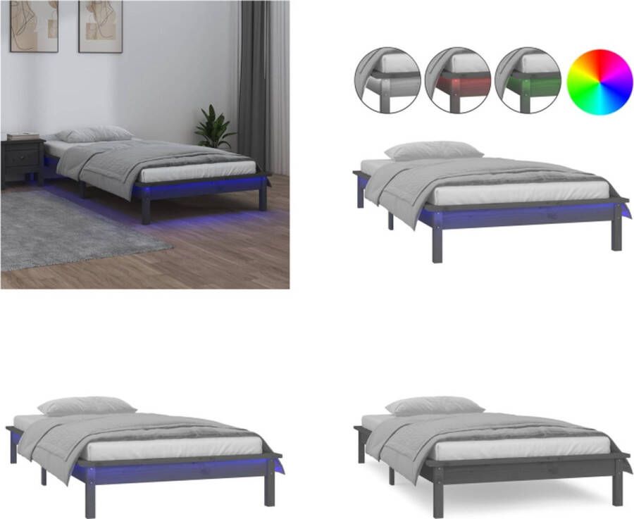 VidaXL Bedframe LED massief hout grijs 100x200 cm Bedframe Bedframes Slaapkamermeubel Bedbasis