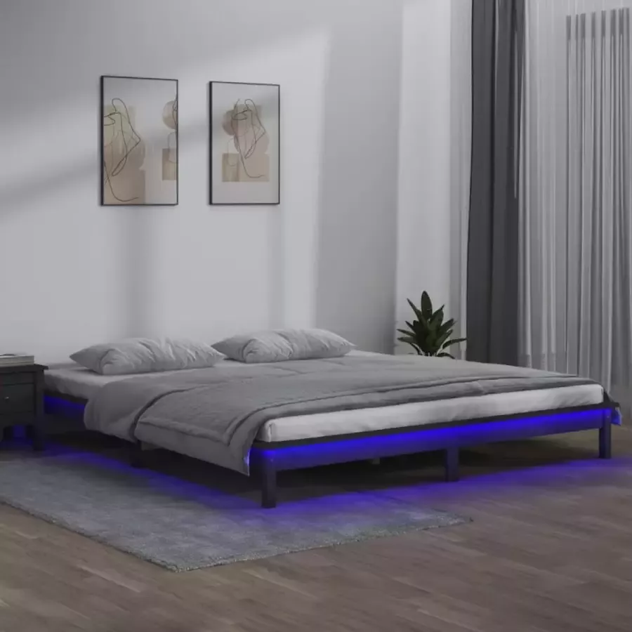 VidaXL -Bedframe-LED-massief-hout-grijs-200x200-cm - Foto 1