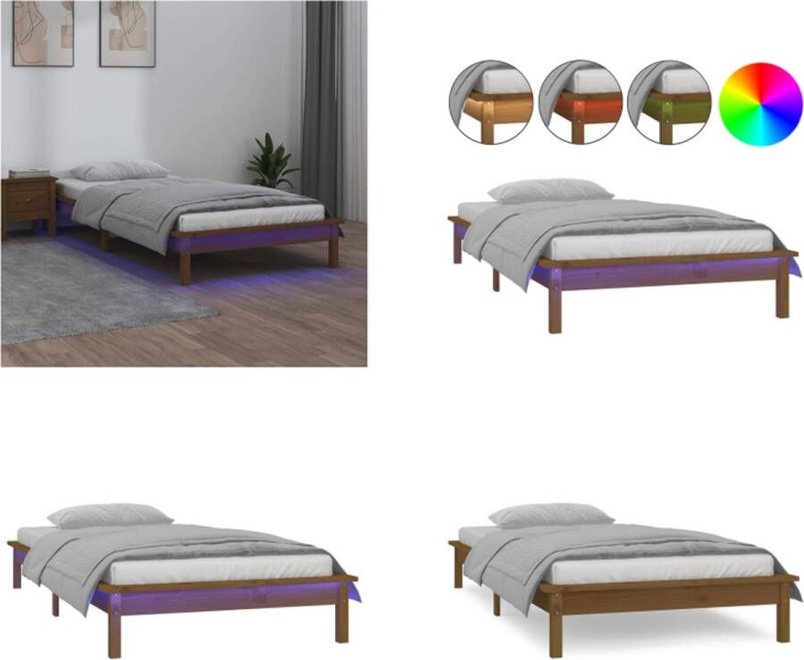 VidaXL Bedframe LED massief hout honingbruin 90x190 cm 3FT Single Bedframe Bedframes Slaapkamermeubel Bedbasis