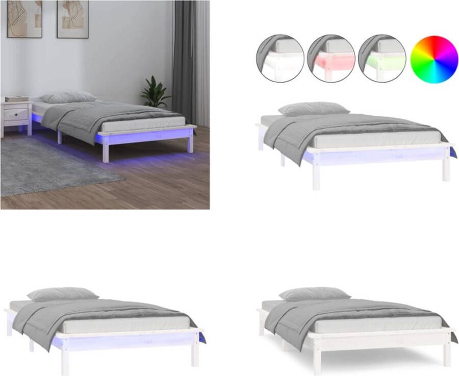 vidaXL Bedframe LED massief hout wit 75x190 cm 2FT6 Small Single Bedframe Bedframes Slaapkamermeubel Bedbasis