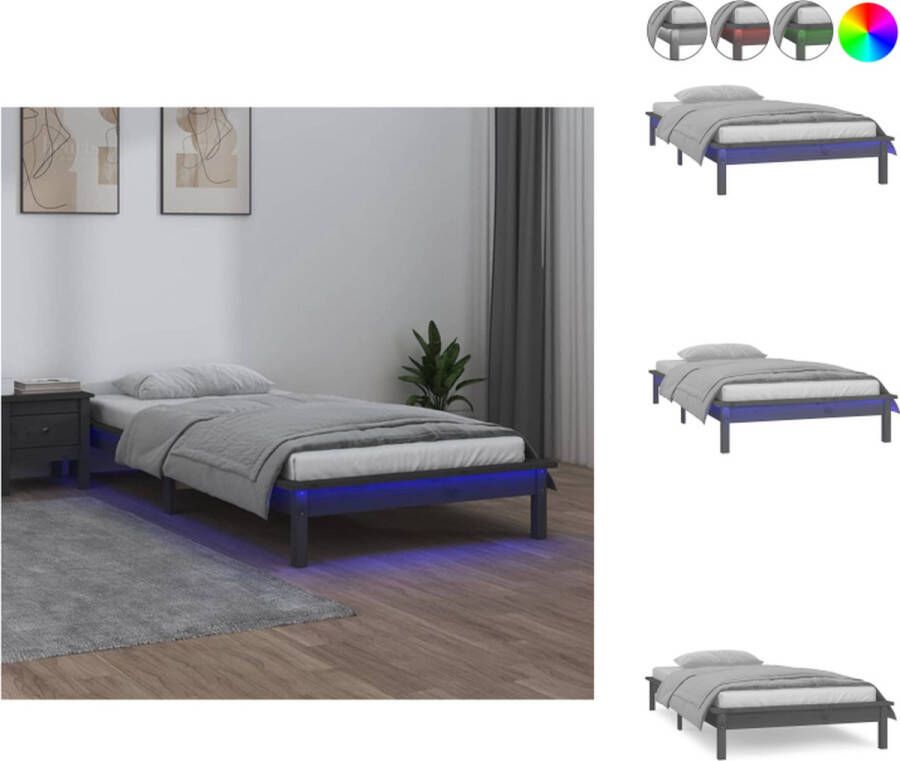 VidaXL Bedframe LED-verlichting Grijs 100 x 200 cm Massief grenenhout Bed