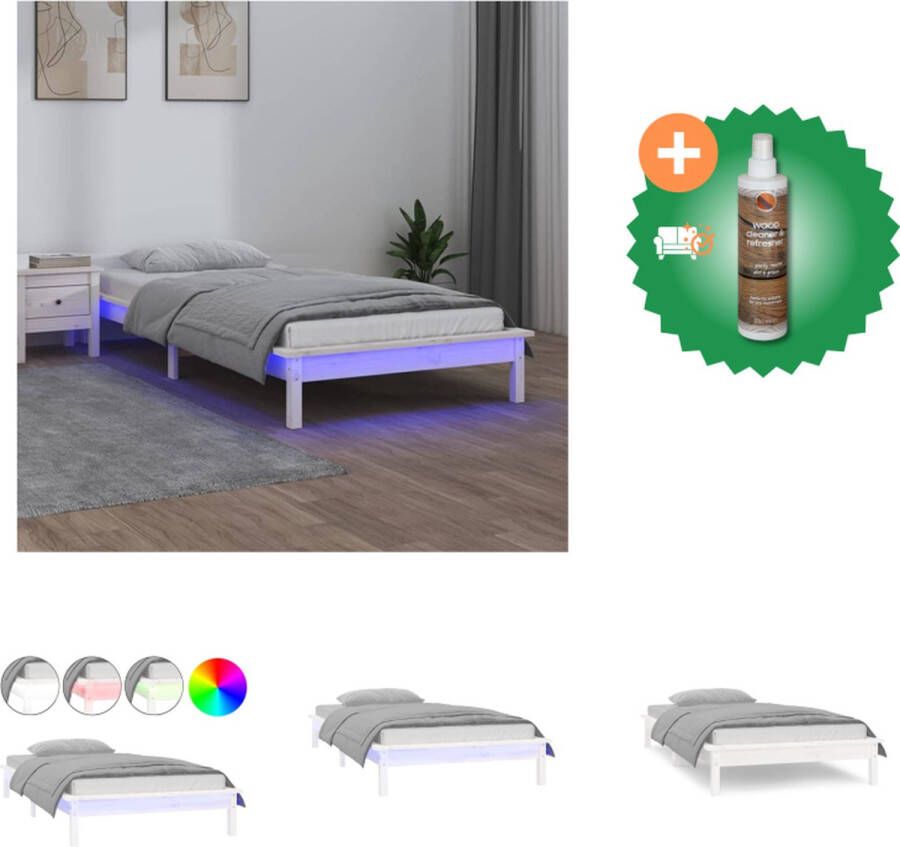 VidaXL Bedframe LED-verlichting Houten 202 x 101.5 x 26 cm Wit Bed Inclusief Houtreiniger en verfrisser