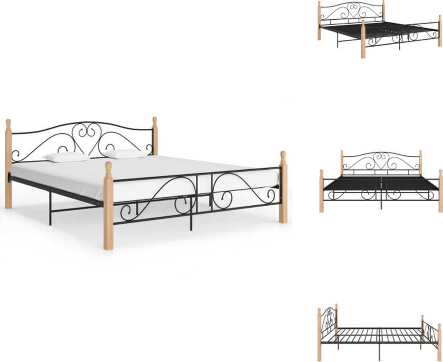 VidaXL Bedframe Livorno Tweepersoonsbed Metaal en Eikenhout Zwart Lichthout Afmetingen- 210x207x90cm Geschikt voor matras- 200x200cm Montage vereist Bed