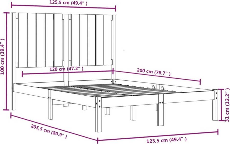 VIDAXL Bedframe zonder matras massief grenenhout 120x200 cm - Foto 2