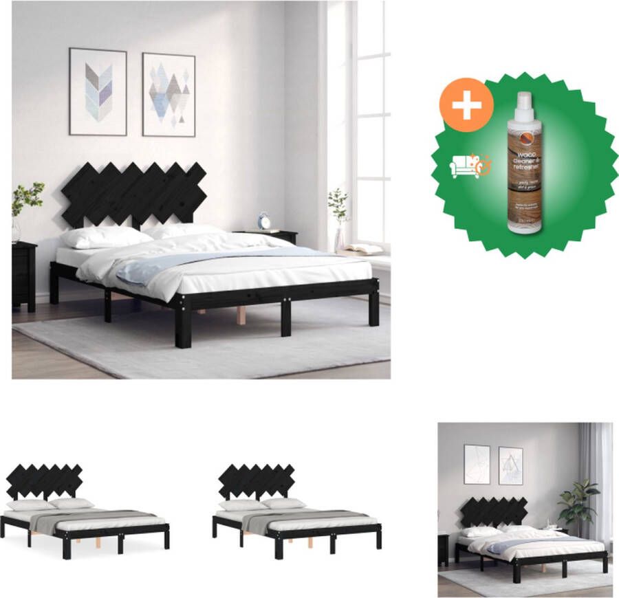 VidaXL Bedframe Massief grenenhout 193.5 x 138.5 x 81 cm Multiplex lattenbodem Zwart Bed Inclusief Houtreiniger en verfrisser