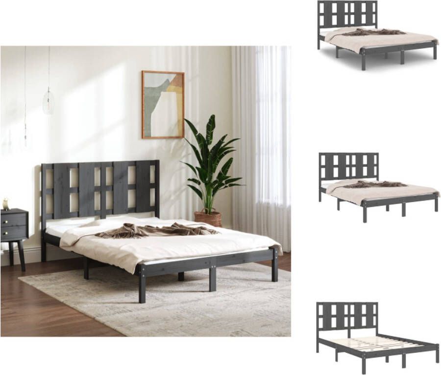 VidaXL Bedframe Bedframes Bed Tweepersoonsbed Bedframe met hoofdbord massief hout grijs 140x190 cm - Foto 2