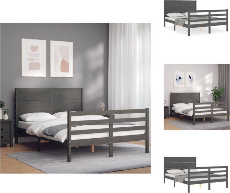 VidaXL Bedframe Bedframes Bed Tweepersoonsbed Bedframe met hoofdbord massief hout grijs 140x190 cm - Foto 3