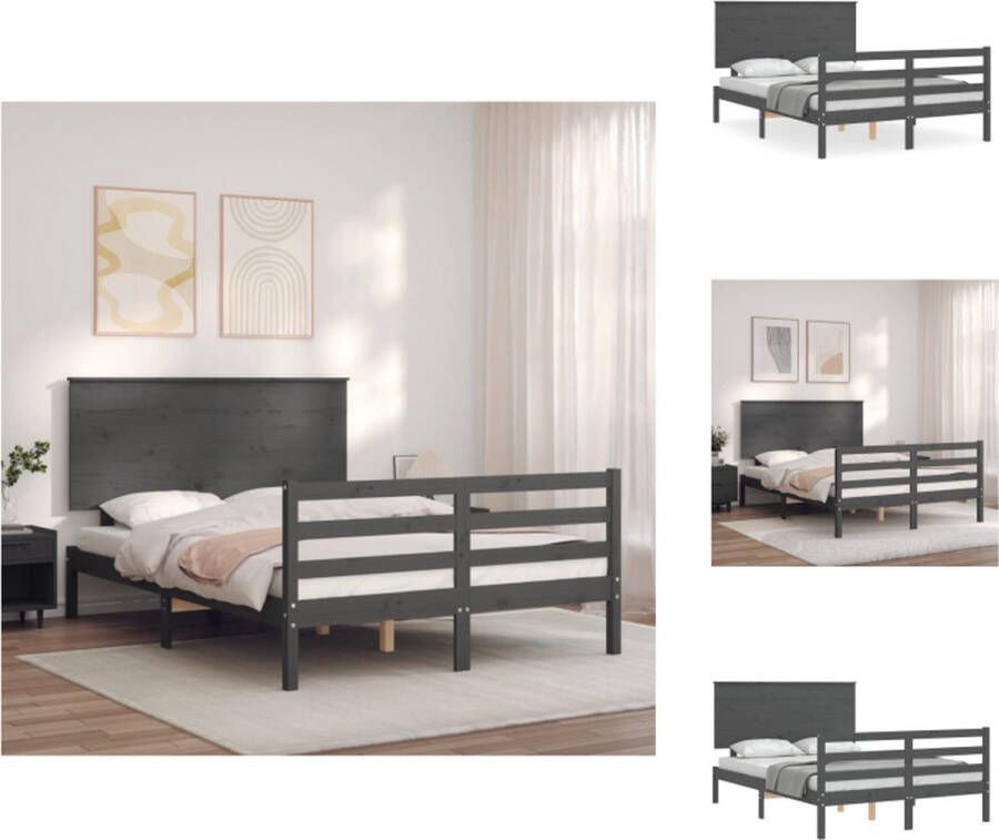 VidaXL Bedframe Bedframes Bed Tweepersoonsbed Bedframe met hoofdbord massief hout grijs 140x190 cm - Foto 2