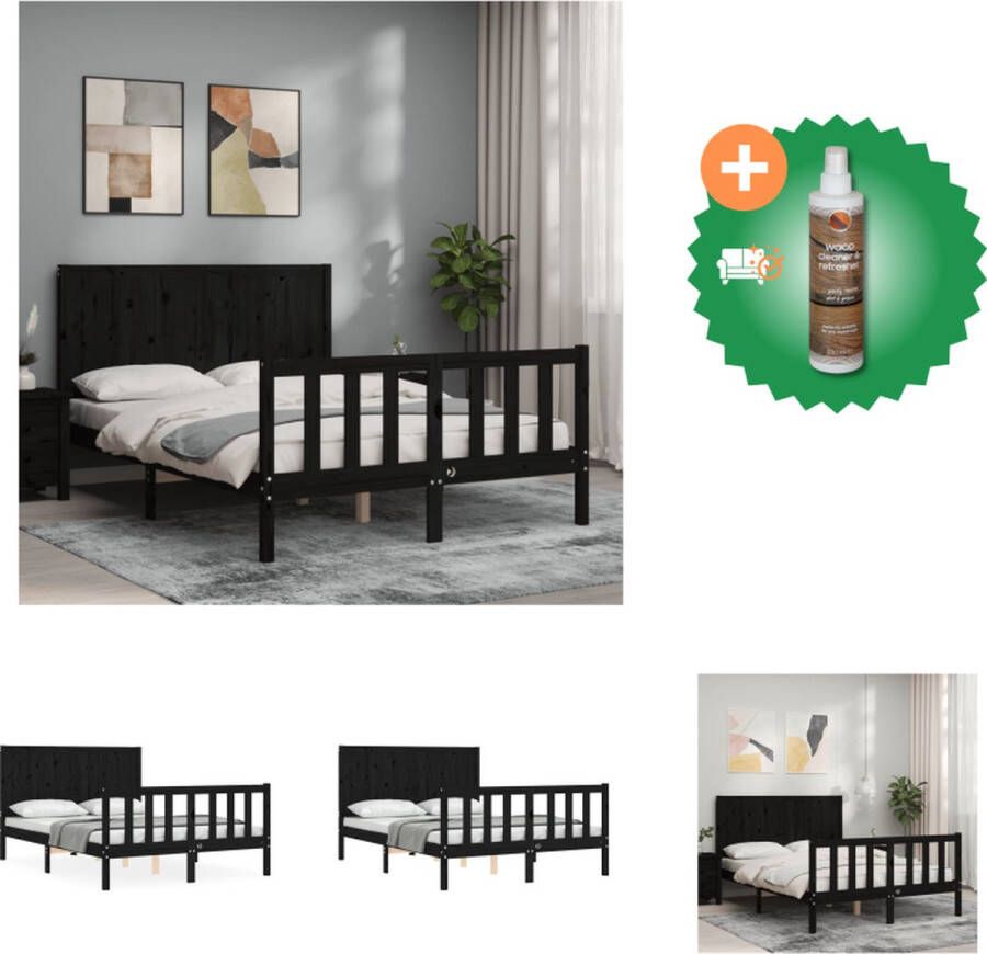 VidaXL Massief grenenhouten bedframe zwart 205.5 x 145.5 x 100 cm met multiplex lattenbodem functioneel hoofd- en voeteneinde Bed Inclusief Houtreiniger en verfrisser