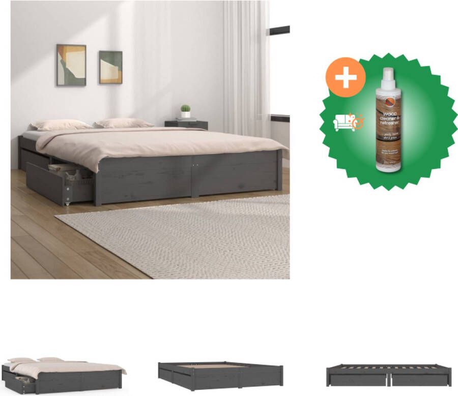 VidaXL Bedframe Massief Grenenhout 205.5 x 145.5 x 31 cm Met Opbergfunctie 4 Bedladen Grijs Bed Inclusief Houtreiniger en verfrisser