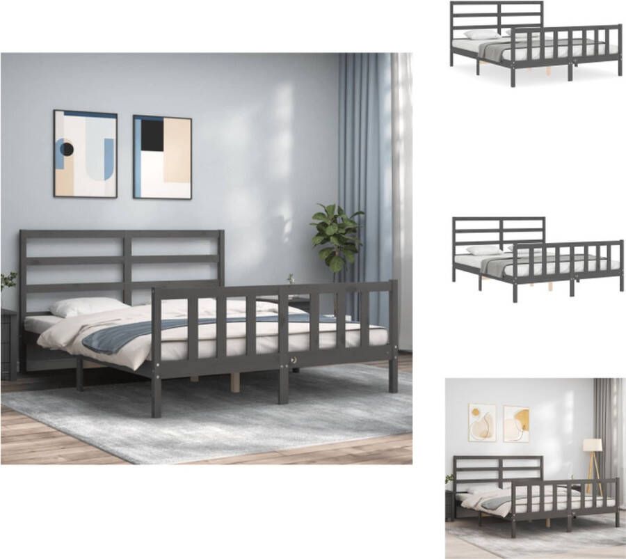 VidaXL Massief Grenenhouten Bedframe Grijs 205.5 x 155.5 x 100 cm Multiplex Lattenbodem Functioneel Hoofd- en Voeteneinde Matras niet inbegrepen Bed - Foto 5