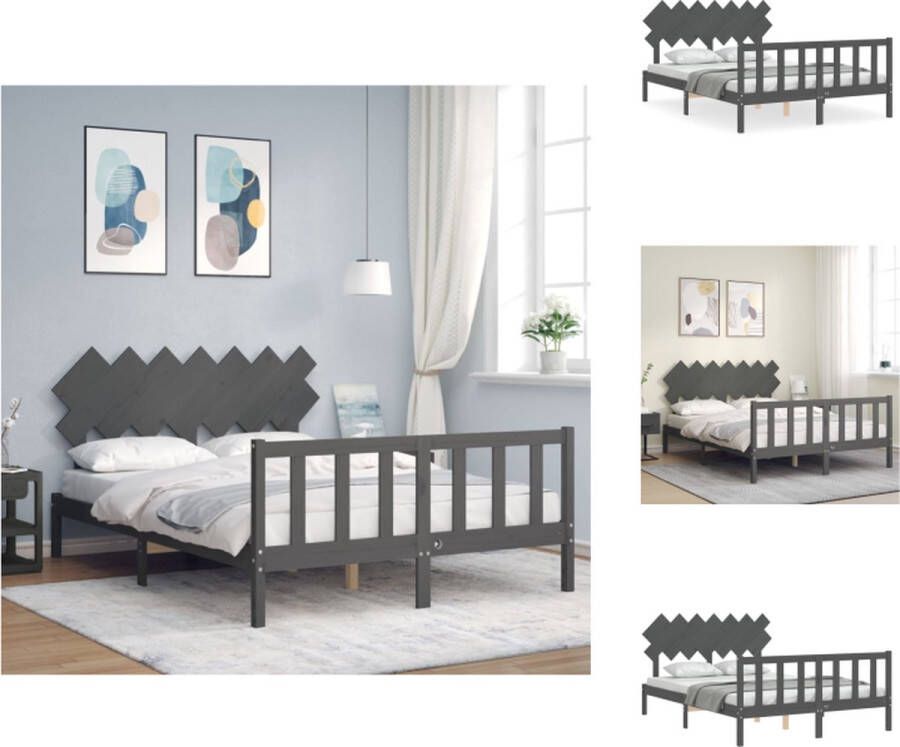 VidaXL Massief Grenenhouten Bedframe Grijs 205.5 x 155.5 x 100 cm Multiplex Lattenbodem Functioneel Hoofd- en Voeteneinde Matras niet inbegrepen Bed - Foto 10