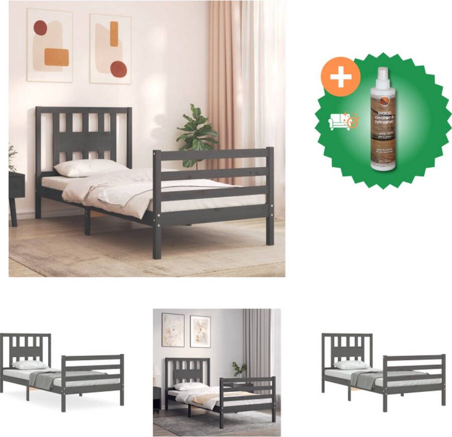 vidaXL Bedframe Massief grenenhout 205.5 x 95.5 x 100 cm Multiplex lattenbodem Grijs Bed Inclusief Houtreiniger en verfrisser