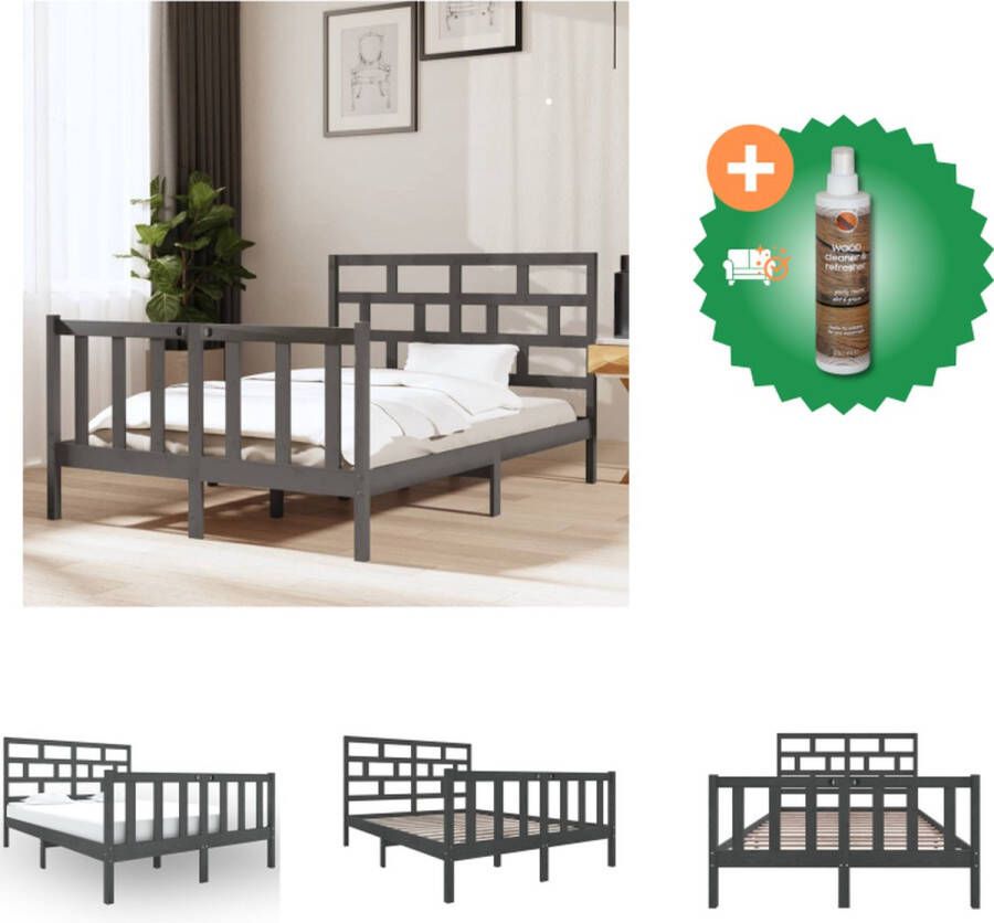 VidaXL Houten Bedframe Classic 135x190 cm Grijs Massief grenenhout Lattenbodem inbegrepen Hoofdeinde voor extra ondersteuning Excl matras 195.5x141x100 cm (LxBxH) Montage vereist Bed Inclusief Houtreiniger en verfrisser