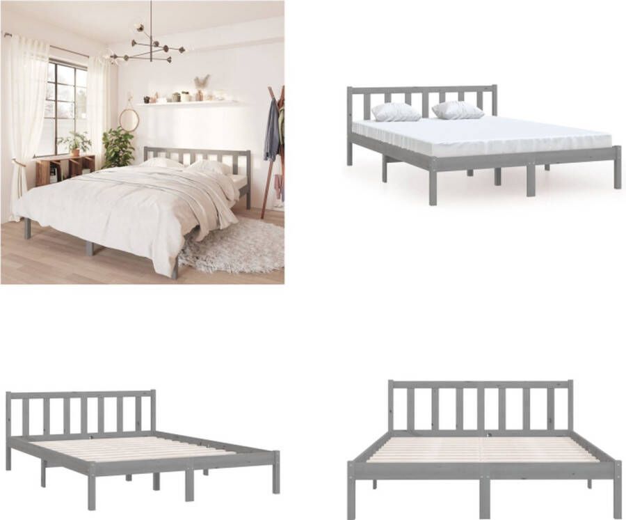 VidaXL Bedframe massief grenenhout grijs 135x190 cm 4FT6 Double Bedframe Bed Frame Bed Frames