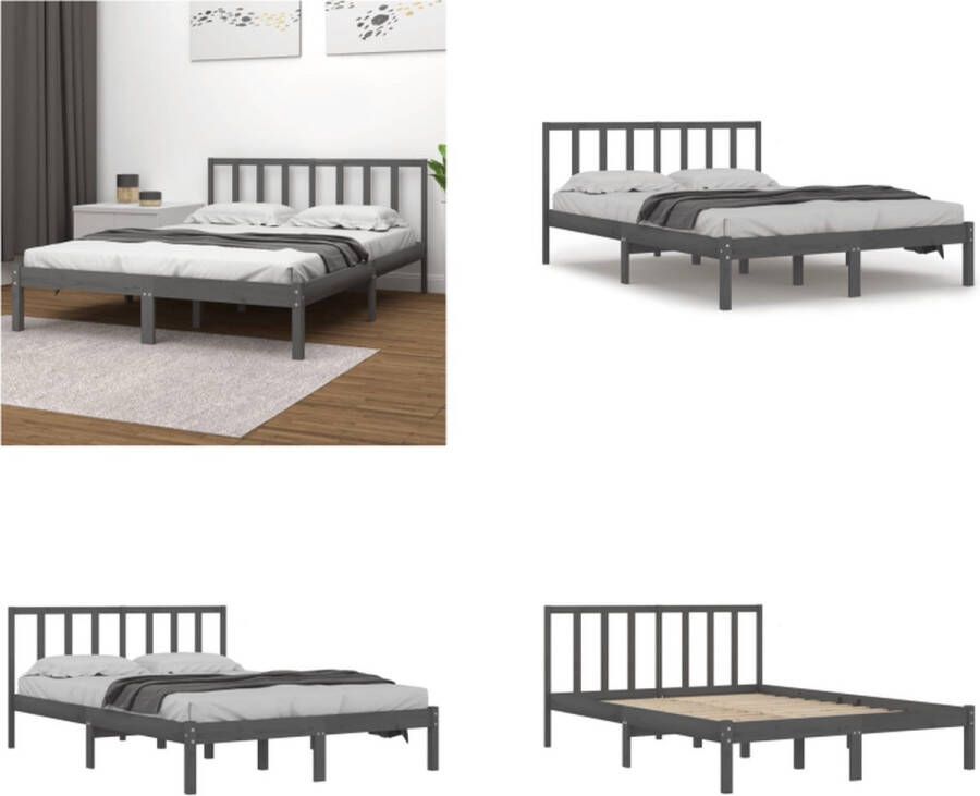 VidaXL Bedframe massief grenenhout grijs 135x190 cm 4FT6 Double Bedframe Bedframes Bed Bedbodem - Foto 3